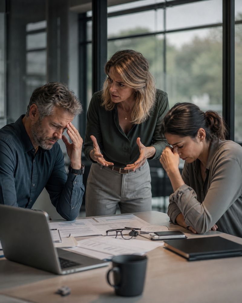 Führungskraft und Mitarbeitende besprechen die Ursachen stockender Veränderungsprozesse im Unternehmen.